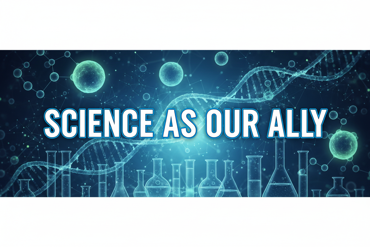 A 16:9 wallpaper with text "Science as Our Ally" and related background. 4K resolution.