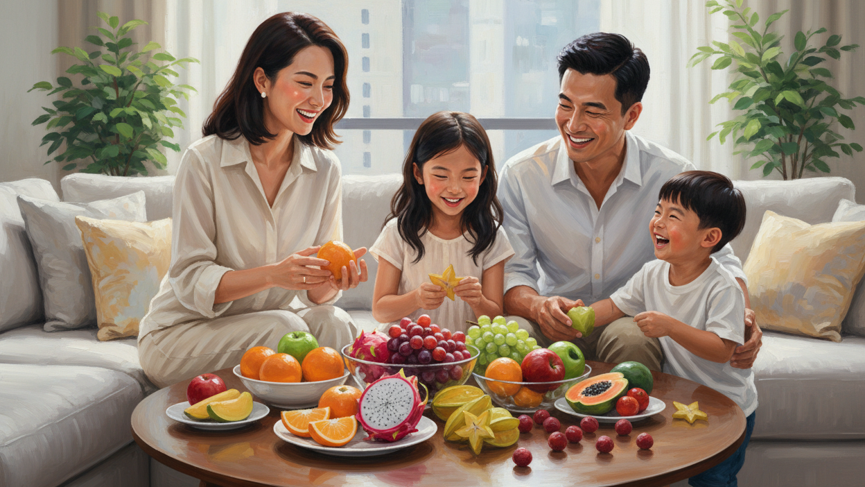 A wallpaper of a HK family of 4 (2 parents, 1 elder sister, 1 younger brother) sharing varsities of fruit at home happily. oil painting style, artistic, modern, beauty, 4K, 16:9 size. don't add any no borders.
