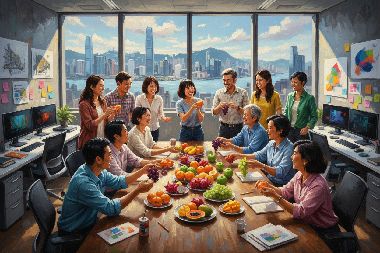 a wallpaper showing a team of staff of a design firm sharing fruits happily at office located in HK, all persons should be different, oil painting style, modern, energetic, dynamic feeling, 16:9 size, 4k resolution.